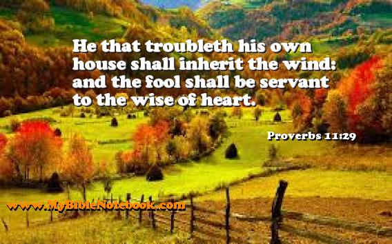 Proverbs 11:29 He that troubleth his own house shall inherit the wind: and the fool shall be servant to the wise of heart. Create your own Bible Verse Cards at MyBibleNotebook.com